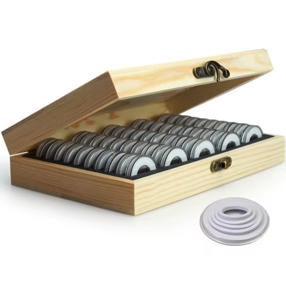 Sturdy Attractive Unfinished Wood Coin Collection Box + Metal Clasp 50 Capsules